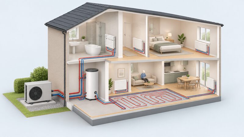 A cutaway house diagram showing an outdoor air-to-water heat pump unit connected by pipework to an indoor hot water cylinder, wall radiators in the rooms and underfloor heating loops beneath the floor, with no boiler present.
