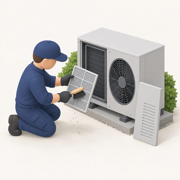A service engineer kneeling beside an outdoor air source heat pump unit with its front panel removed, lifting out the air filter and brushing dust off it during an annual maintenance visit.