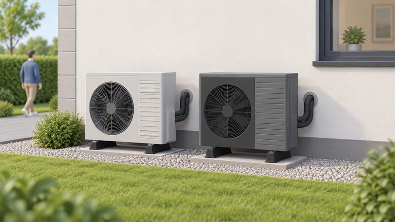 Two outdoor air source heat pump units mounted side by side on the outside wall of a house, drawn as similar but distinguishable boxes with fans, connected by insulated pipework entering the wall, with no brand names shown.