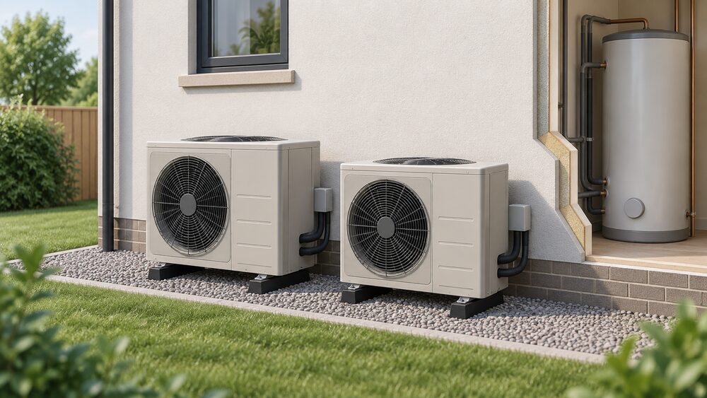 Two air source heat pump outdoor fan units standing side by side on the ground outside a house wall, one slightly larger, each a plain unbranded cabinet with a top fan grille and side pipework, with a hot water cylinder indoors shown through a small cutaway of the wall behind them.