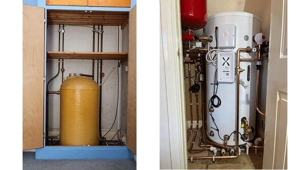 A side-by-side comparison of an old foam-clad hot water cylinder in an airing cupboard and a new white Mixergy smart cylinder installed in a home
