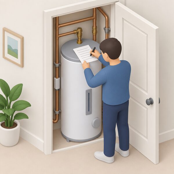 A newly installed hot water cylinder in a home airing cupboard with a warranty registration form lying on top of it, a simplified figure filling in the blank lines with a pen, the cylinder's pipework and connections visible behind.