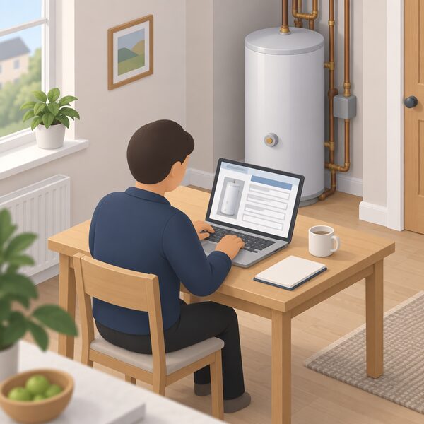 An energy assessor seated at a table in a Welsh home fills in an assessment form on a laptop, with the home's hot water cylinder visible nearby so its details can be entered into the standard assessment rather than estimated.