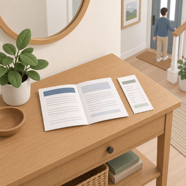 A home hallway table scene with a printed warranty document laid open beside a proof-of-purchase receipt, both shown as physical objects with content only as blank lines and plain colour bands, ready for a warranty registration or claim.