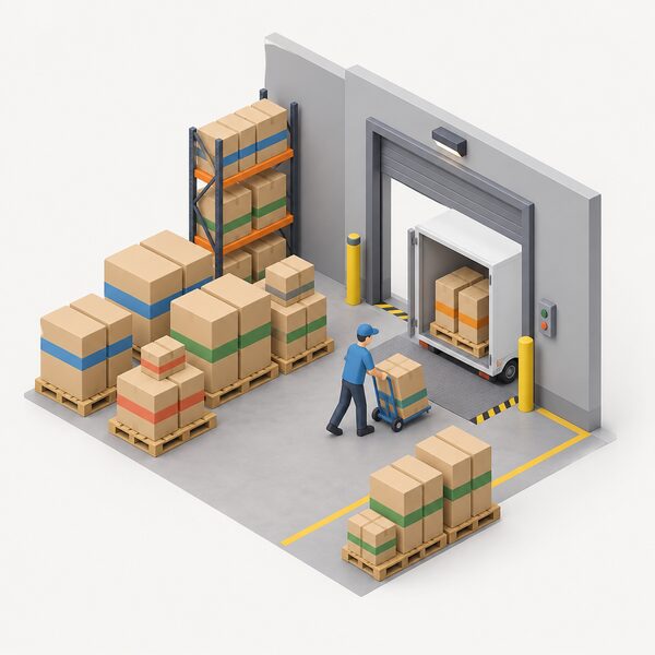 A warehouse despatch area with neat stacks of plain cardboard boxes of varying sizes, each carrying a simple blank colour band, arranged on pallets ready for shipping, with a simplified isometric worker moving a box on a trolley toward a loading door.