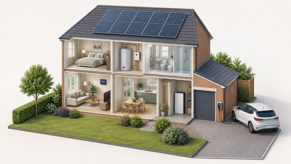 A cutaway view of a British house with solar panels on the roof, a zappi EV charger on the outside wall beside the drive with a cable reaching a parked car, a libbi battery in the garage, an eddi diverter beside a hot water cylinder in the airing cupboard, and a harvi energy monitor indoors.
