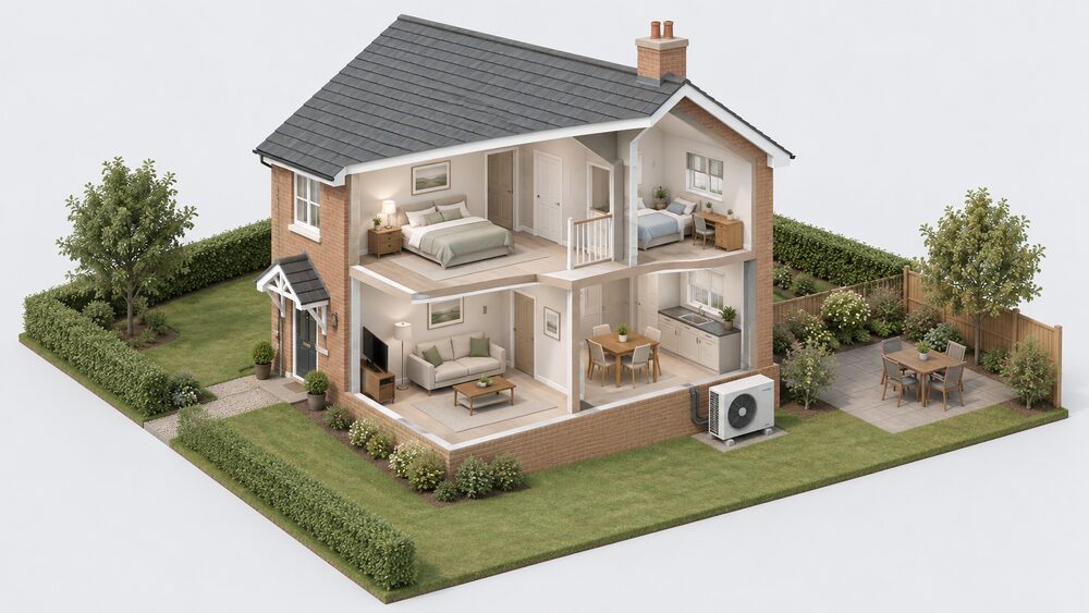 A detached British house shown with an air source heat pump fan unit standing on the ground against the external rear wall, connected by pipework entering the house, with a modest garden around it.