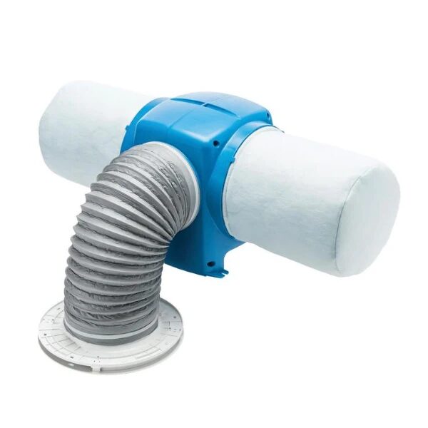 A Nuaire Drimaster-Eco positive input ventilation unit with insulated duct and ceiling diffuser, shown on a white background