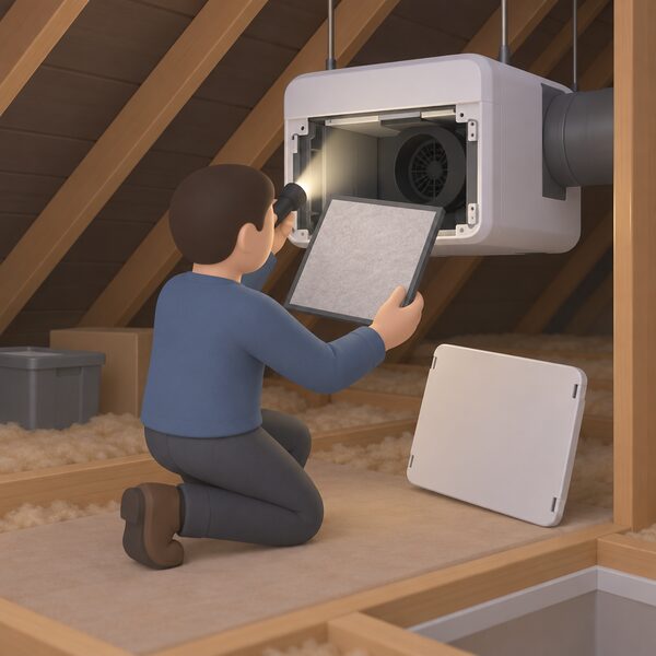 A simplified figure in a dim loft kneels beside an open ceiling-mounted PIV unit, its front panel removed and resting nearby, lifting out or inspecting the flat filter while a torch lights the interior.