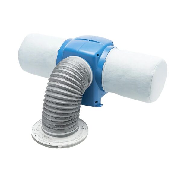A Nuaire Drimaster-Eco positive input ventilation unit with blue casing, insulated ducts and flexible ceiling diffuser hose