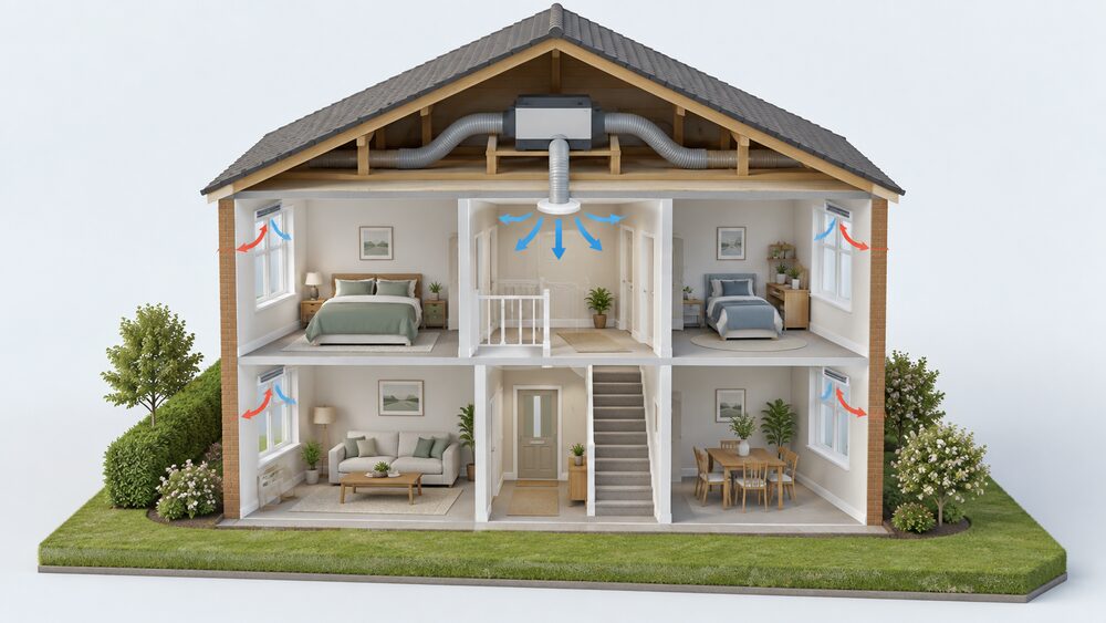 A cutaway two-storey house showing a Drimaster PIV fan unit mounted in the loft above the ceiling, with a ducted ceiling diffuser in the landing below pushing fresh air into the hallway and stale air leaving through trickle vents in the room windows.