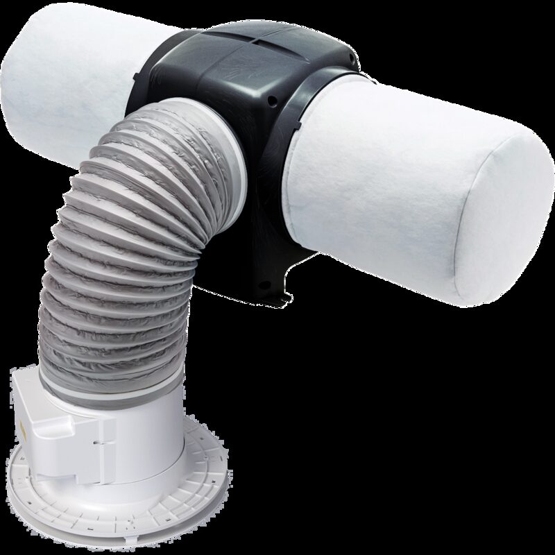 A Nuaire positive input ventilation unit with black casing, insulated white filters, flexible grey ducting and white ceiling diffuser, shown on a white background