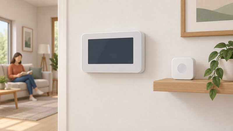 An interior wall with a wall-mounted Cosy Hub heating controls hub with a blank touchscreen display, and a small wireless Cosy Pod room sensor sitting on a nearby shelf, shown as the modern replacement for a conventional programmer and thermostat.