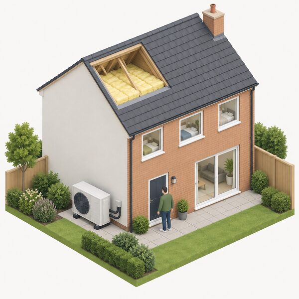 A mid-sized domestic air source heat pump unit standing on the ground outside the rear or side wall of a well-insulated three-bedroom house, with a simplified isometric figure of a householder pausing at the door to look at it.