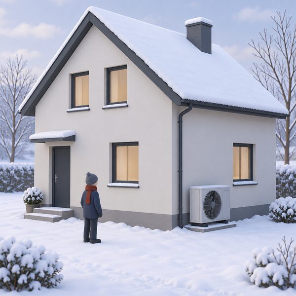 A cold winter scene showing an air source heat pump unit standing on the ground outside a house wall, with the home's windows closed and a simplified figure nearby for scale, conveying the unit's outdoor position in cold weather.