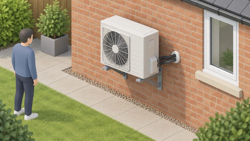 A plain white air source heat pump unit mounted on a metal wall bracket fixed to the external brick wall of a house, standing outdoors beside the wall with pipework entering the building, shown in a simple isometric style.