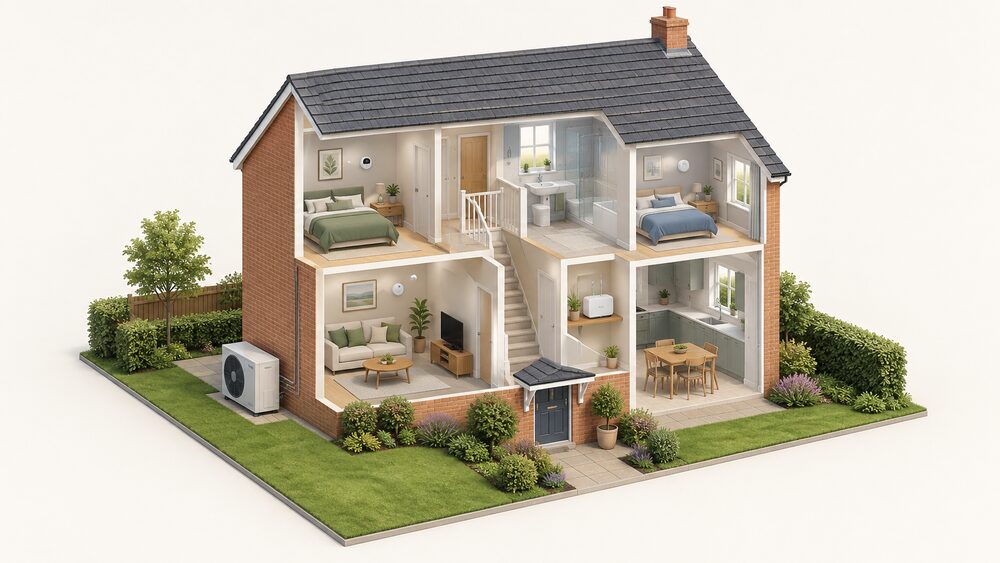 A cutaway of a typical three-bed UK home with the Cosy 6 air source heat pump unit standing outside on the ground against an external wall, while inside a Cosy Hub controller sits on a shelf and small Cosy Pods room sensors rest in two rooms, all connected to the house.