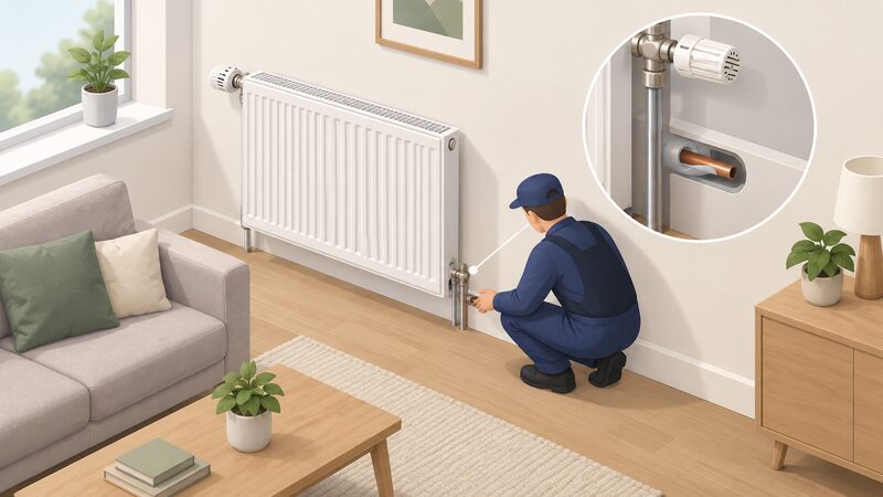 A living room radiator fitted with a thermostatic radiator valve, with a heat pump installer crouched at the wall checking the pipework where it enters the room, one small section of pipe shown cut away to reveal narrow microbore pipe.