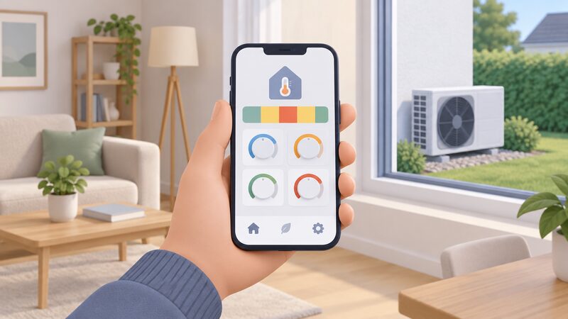 A hand holds a smartphone showing a heat pump control app screen with a plain colour-band tariff schedule and simple room temperature dials, with a heat pump unit visible outside the house window behind.