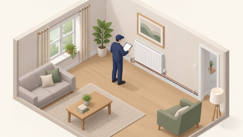 An installer inside a home's living room, clipboard in hand, inspecting a wall-mounted radiator and following the exposed pipework running from it along the skirting, as part of a pre-quote heat pump survey.