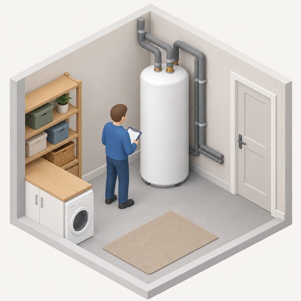 A white insulated hot water cylinder standing upright in a home utility room, connected with insulated pipework to the heating system, with a small isometric figure inspecting it.