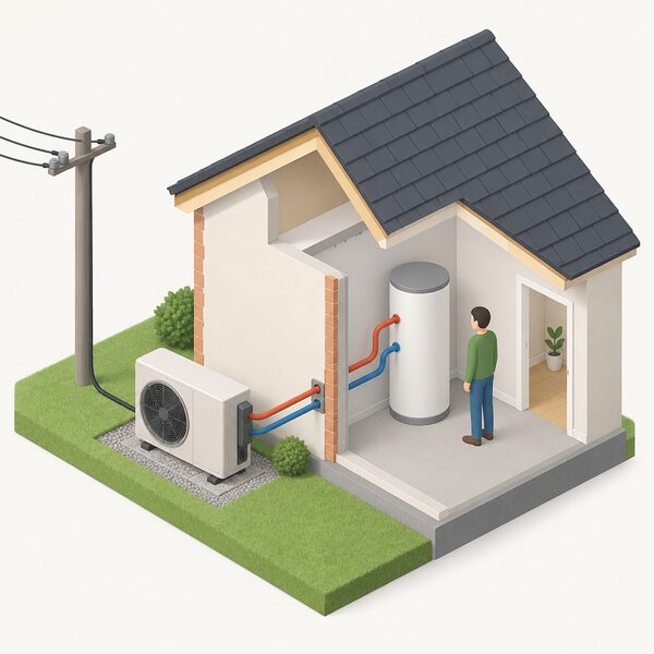 An isometric cutaway of a home showing an air source heat pump unit outside connected by pipework through the wall to a hot water cylinder indoors, with a cable running from the heat pump to a simplified grid supply point, and a small figure standing beside the cylinder.