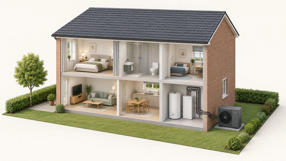A cutaway of a house showing a dark grey mottled air source heat pump outdoor unit standing on the ground outside an external wall, connected by pipework to a hot water cylinder and indoor unit placed in a utility room or garage inside, with no boiler present.