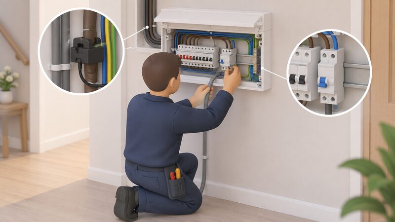 An installer kneeling at an open domestic consumer unit inside the home, fitting a dedicated protective device on the din rail and routing a new EV charger circuit cable into the enclosure, with a small CT clamp clipped around a supply conductor nearby.