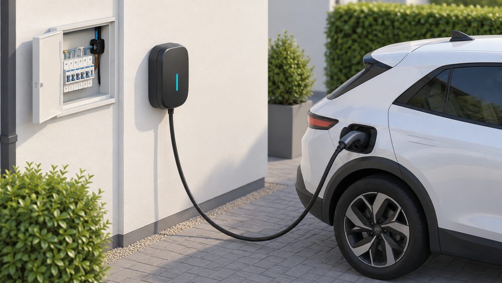 A wall-mounted Ohme smart EV charger unit on an outside house wall beside a driveway, its charging cable running to a parked electric car, with a CT clamp wired at the fuse board connection nearby.