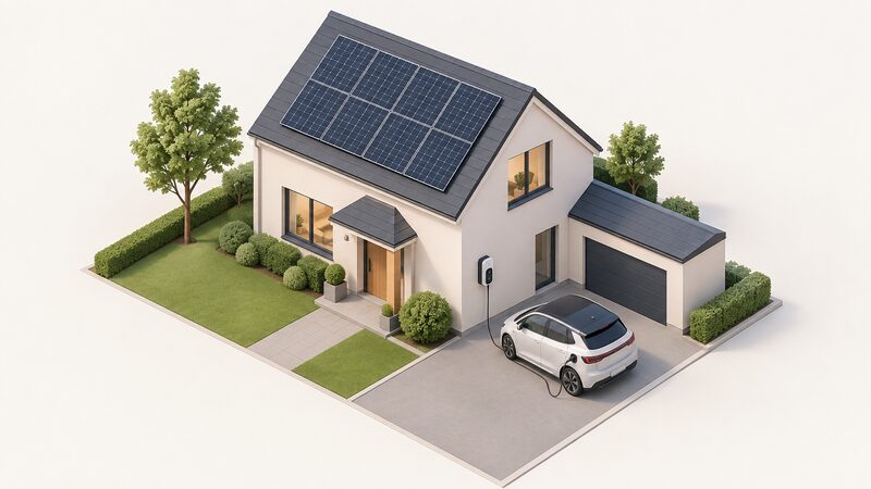 An isometric view of a house with a rooftop solar array, an EV charger on the front wall, and an electric car on the driveway connected by a charging cable running from the charger down to the car's port.
