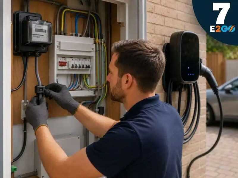 An electrician wiring a consumer unit next to a wall-mounted Ohme Home Pro EV charger on a house exterior