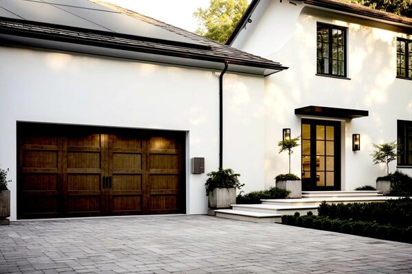 A small grey EV charger mounted on the wall beside the wooden garage doors of a white rendered house with a paved driveway