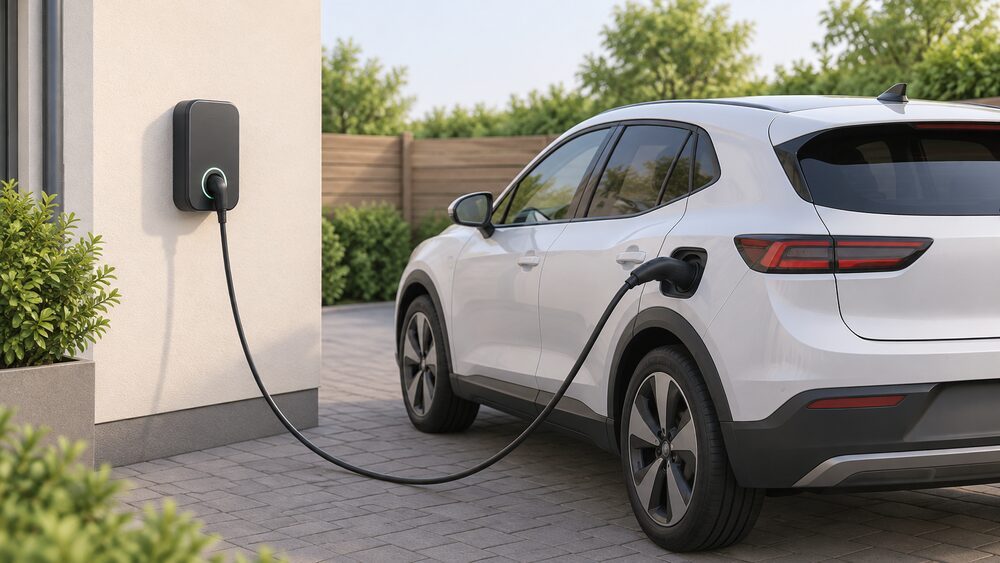 A wall-mounted home EV charge point on an outside wall beside a driveway, with a charging cable running from the unit to a parked electric car's charge port.