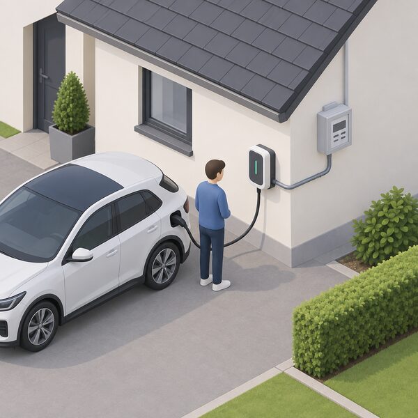 A small isometric figure stands beside a wall-mounted EV charger box on the outside wall of a house next to a driveway, with a cable running from the charger along the wall to the household electricity meter box, an electric car parked nearby.