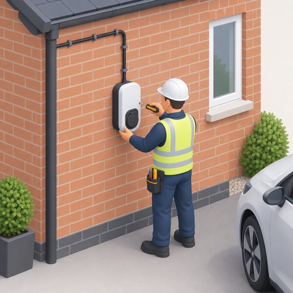 A simplified engineer figure fixing a wall-mounted home EV charger to an exterior brick wall of a house, with the charger's supply cable running neatly along the wall in evenly spaced clips to the unit.