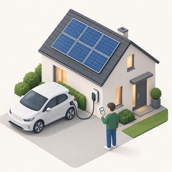 A wall-mounted home EV chargepoint on the exterior wall of a house, with a cable running to a parked electric car, beneath rooftop solar panels, with a phone showing the charging app held by a small figure nearby.