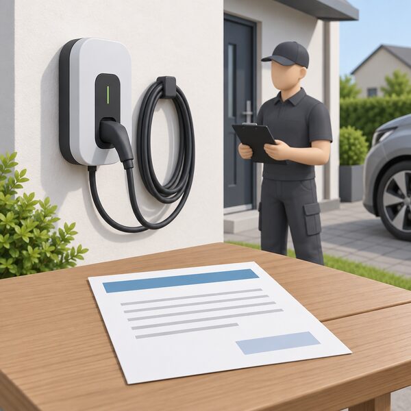 A wall-mounted home EV charge point with its cable coiled beside it, and in the foreground a printed electrical certificate lying on a table, its content shown only as blank lines and a plain colour band, with a simplified installer figure standing nearby.