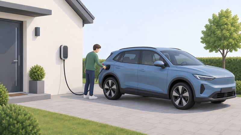 A wall-mounted home EV charger on a house exterior with its cable running to the charging port of a parked family electric car on a driveway, a simplified figure plugging the connector in.