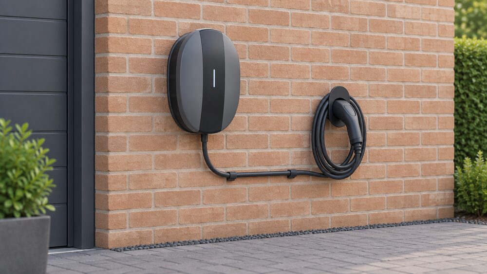 A wall-mounted Pod Point Solo 3S home EV charger unit fixed to a brick outside wall beside a driveway, with its charging cable neatly clipped along the wall and the connector resting on a coiled holder, no car or people in view.