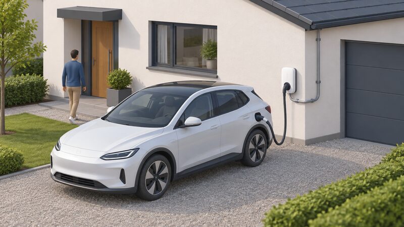 A small white wall-mounted home EV charger fixed to the exterior wall of a house beside a driveway, with a cable running from it to a parked electric car, showing a hard-wired installation rather than a plug-in unit.