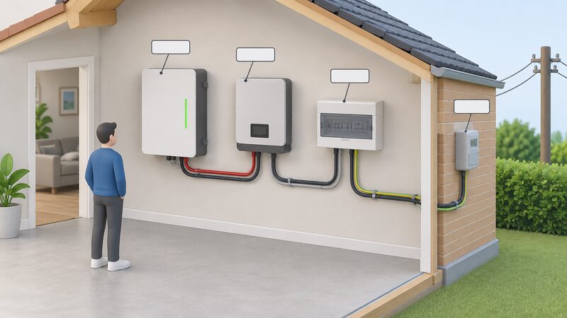A simplified cutaway interior wall of a home showing a wall-mounted battery unit connected by cables to a solar inverter beside it, a consumer unit on the same wall, and a supply cable running to a grid meter box, with blank label tags pointing to each component.