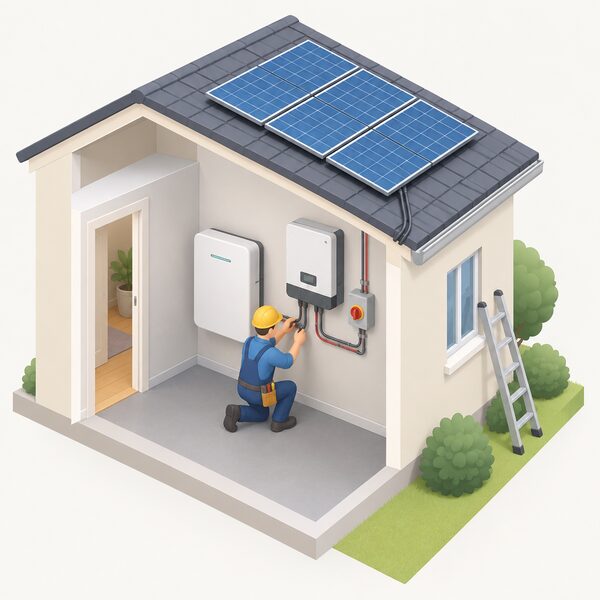 A simplified isometric electrician kneeling beside a wall-mounted home battery unit inside a house, connecting its cabling to an existing rooftop solar installation's inverter and wiring during a retrofit, with a ladder visible outside.