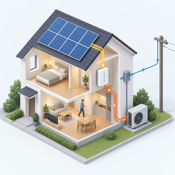 A simplified isometric cutaway of a house with solar panels on the roof, a wall-mounted battery unit inside storing that solar electricity, and an air-source heat pump outside connected to power the home's heating.