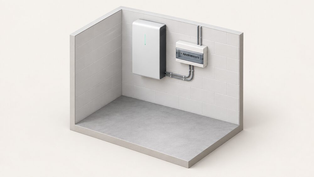 A wall-mounted Powervault 3 home battery unit, a tall rectangular cabinet, fixed high on the wall of a utility space directly beside the consumer unit, with its connecting cables running between the two and nothing else in the frame.