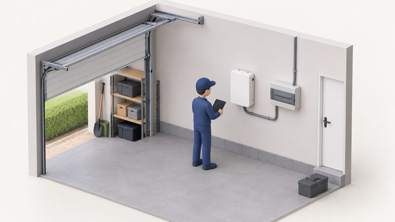 A plain white wall-mounted home battery unit fixed to a garage wall beside a consumer unit, with a simplified isometric figure checking the installation, conduit running between the two units and a cable leaving toward the household supply.