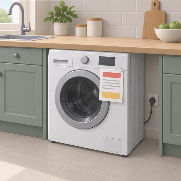 A household electrical appliance, such as a washing machine, left in place in a kitchen with a paper safety notice attached to its front by a corner, its content shown only as blank lines and plain colour bands, while the appliance sits unused.