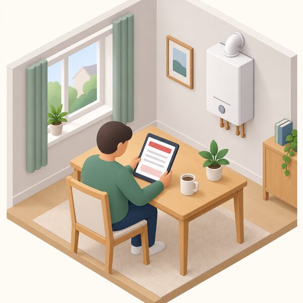 A person seated at a home table holding a tablet, its screen showing a plain recall notice page as blank lines and colour bands, with a household energy appliance such as a small heater or boiler visible nearby in the room.
