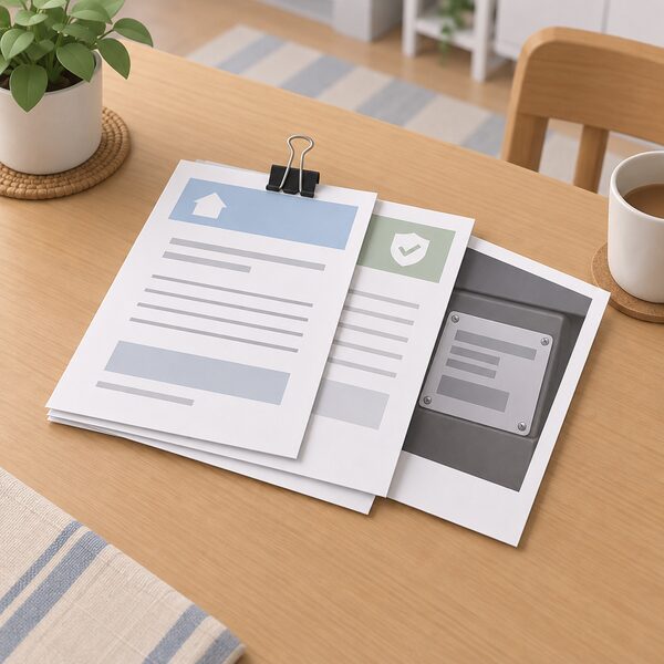 A paper bundle clipped together on a household table: a commissioning certificate sheet, a warranty registration confirmation sheet and a printed photograph of an appliance rating plate, all with blank lines and plain blocks instead of readable content.