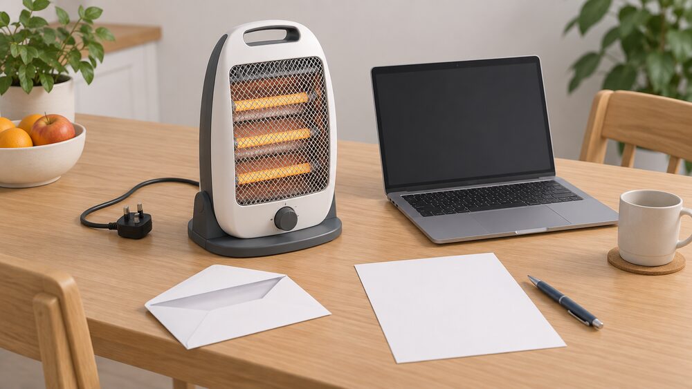 A small plug-in halogen heater sits unplugged on a kitchen table beside a laptop with a blank screen, a blank printed notice, an open envelope and a pen, the moment of checking whether a household energy product has been recalled.