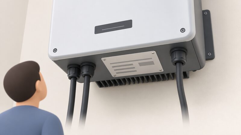 A close-up view looking up at the underside of a wall-mounted inverter, where its rating plate is shown as a plain metal label with blank lines and blocks standing in for the model and serial details.